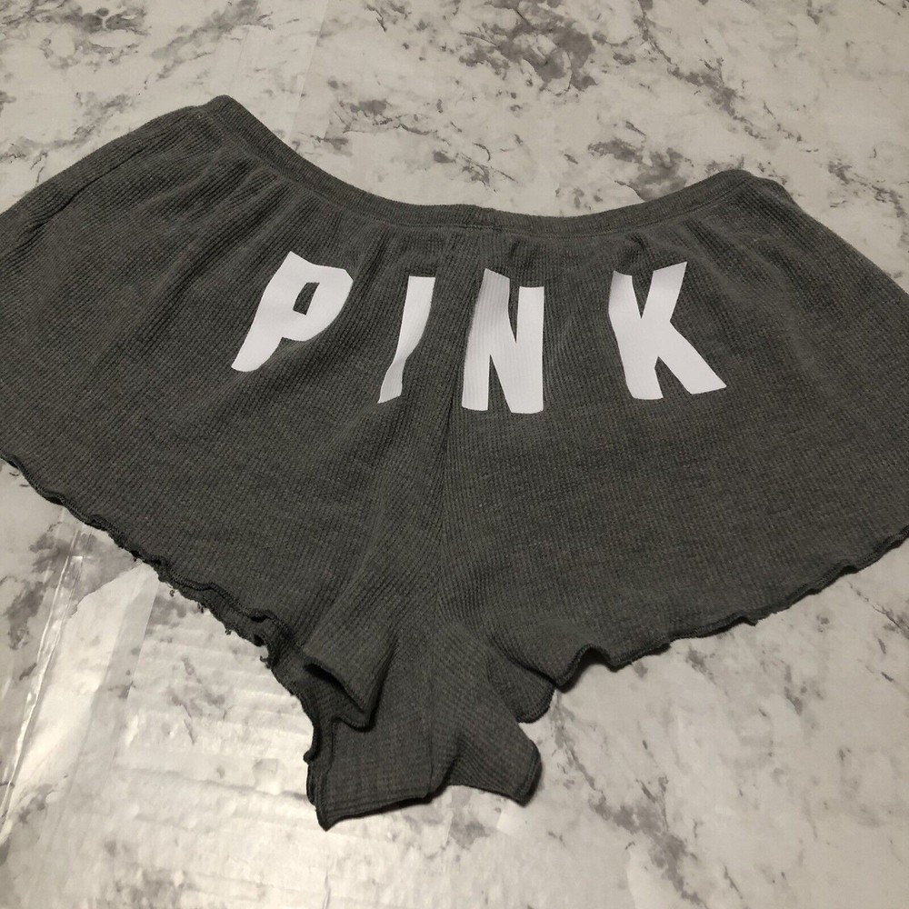 PINK Victoria Secret Gray Sleeping Shorts Womens Size M Medium Ruffle Big Logo